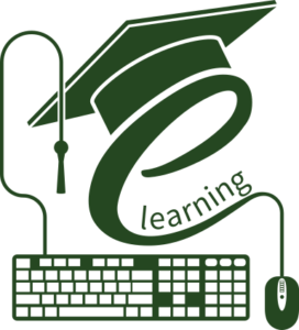 graphic of a mortarboard, graduation hat, keyboard and mouse, with the wire forming the letter e, containing the word learning